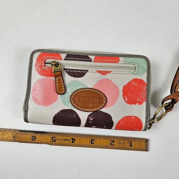 Fossil KeyPer Zip Around Wallet Wristlet Ivory Coral‎ Mint Dots - Picture 4 of 4